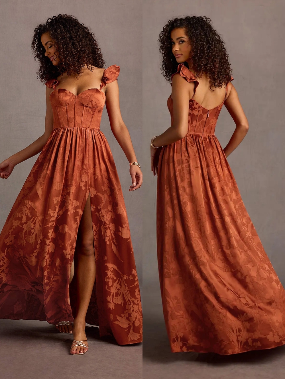 NWT Azazie Jianna Flutter Sleeves Maxi Dress in Rust - Picture 2 of 16